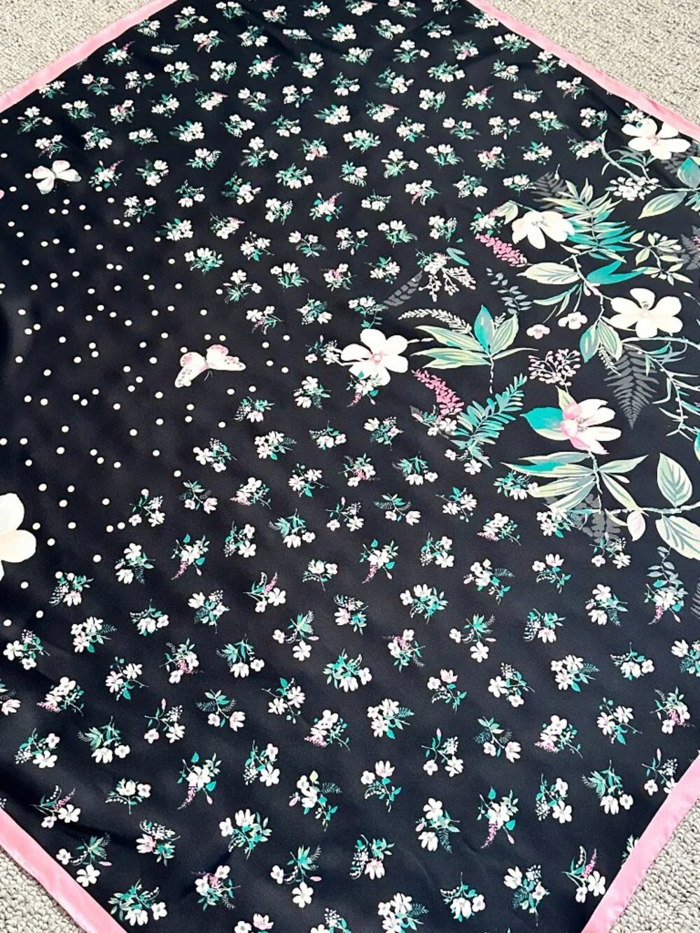 Kate Spade Black Botanical Floral Silk Square Scarf Pink Border Butterflies